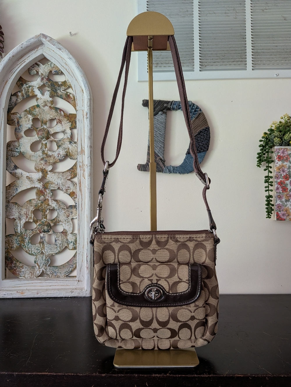Coach Tan/Brown Signature Canvas Turnlock Flap Crossbody Bag